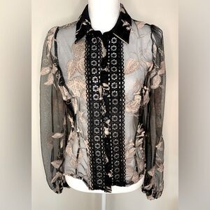 Peach Mesh Embroidered Floral Boho Top Blouse Size Large Black/Creme